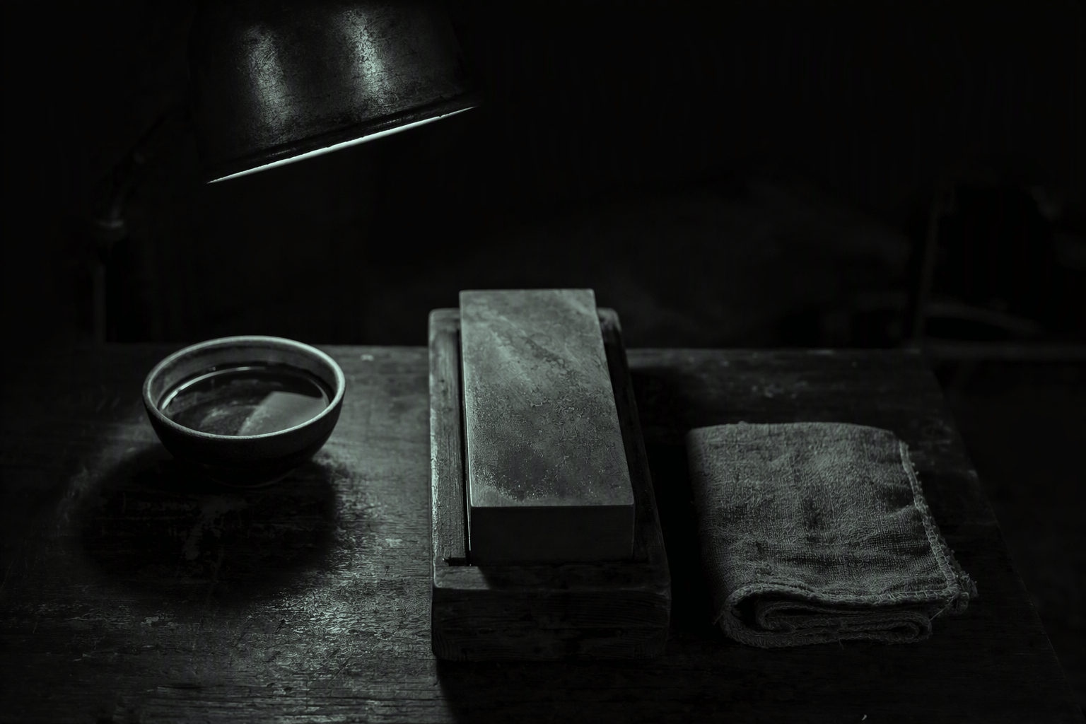 A whetstone on a wooden stand under one lamp